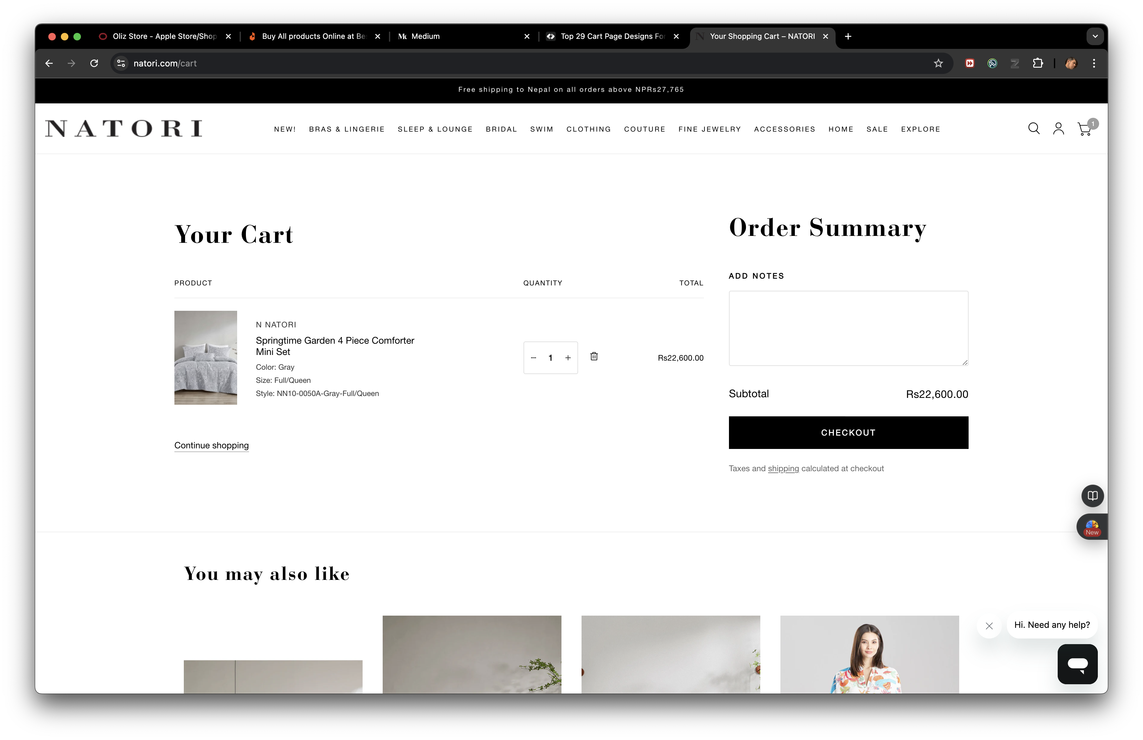 Natori Cart Page Screenshot